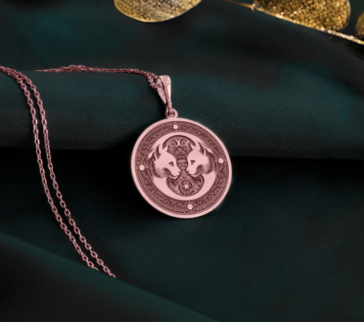 Gemini Twin Cats Zodiac Charm Necklaces 14K Rose 14K 14K Rose Gold Plated pendant necklace featuring two stylized animal heads design.