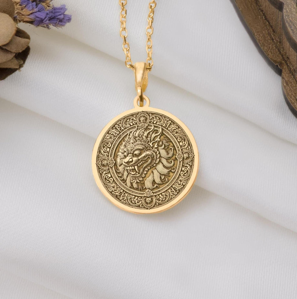 Gold Barong Ket Necklace, Sacred Balinese Guardian Lion Pendant for Protection and Spiritual Strength, Mythical Bali Jewelry Charm in Gold for Men and Women, Handcrafted Balinese Lion Amulet Necklace Gift for Him or He