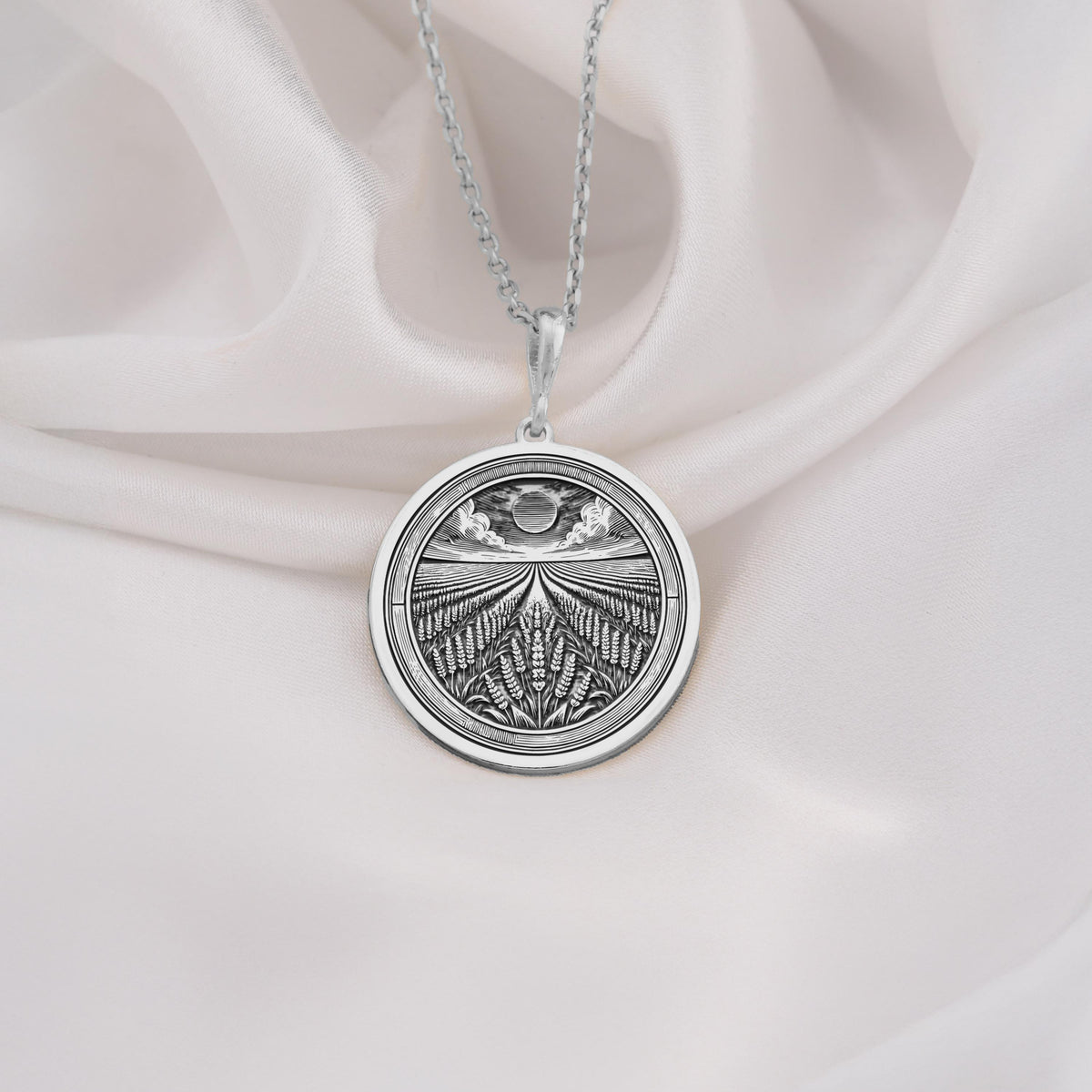 Lavender Field Floral Sun Coin Pendant Necklaces 925 925 Sterling Silver round pendant with radiating sunburst design necklace