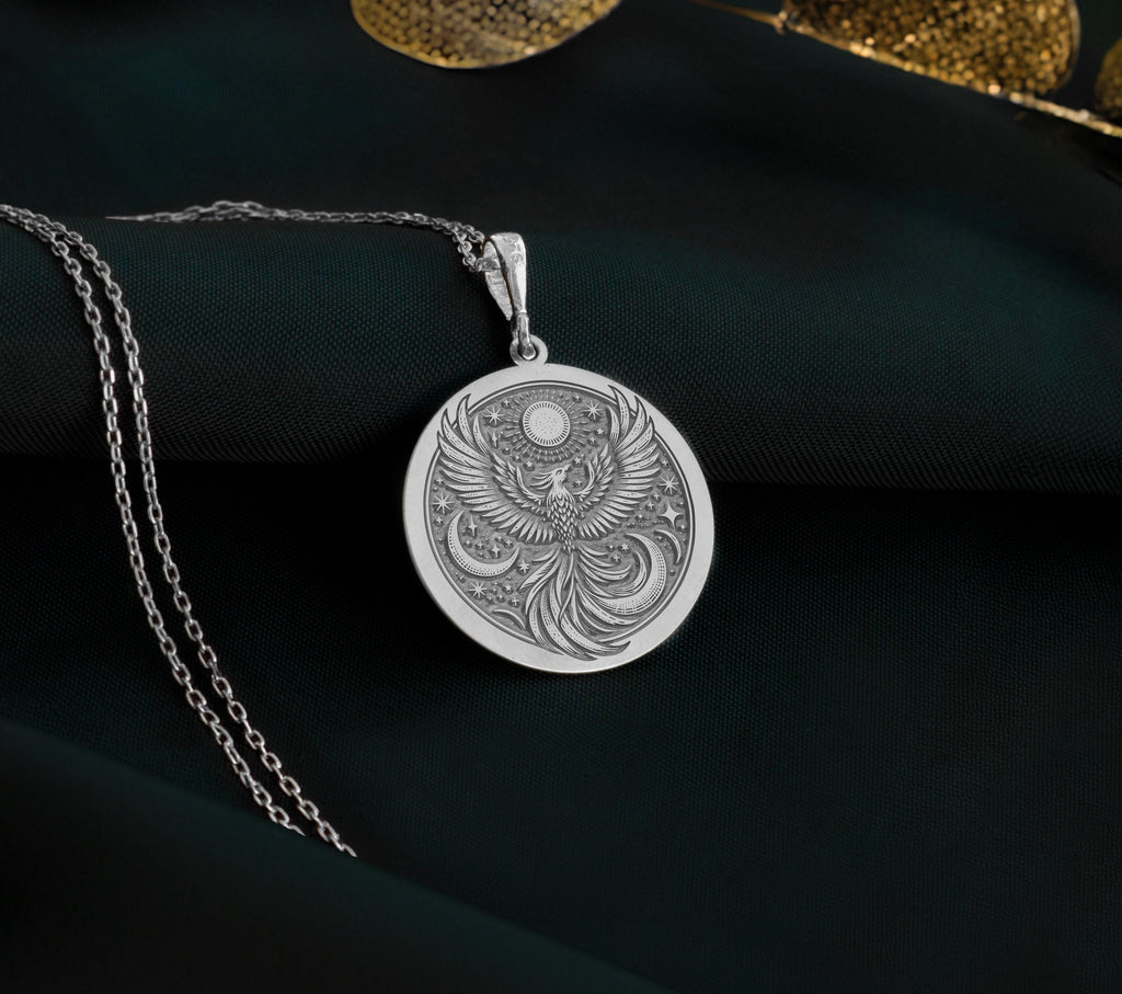 Firebird Mythical Phoenix Pendant Necklaces 925 925 Sterling Silver eagle motif pendant necklace with intricate swirling details on a round disc.