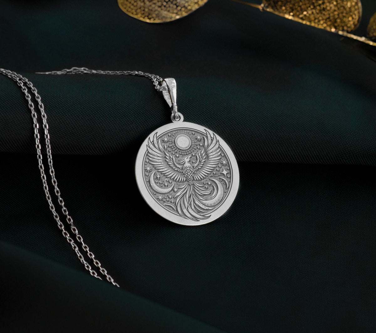 Firebird Mythical Phoenix Pendant Necklaces 925 925 Sterling Silver eagle motif pendant necklace with intricate swirling details on a round disc.