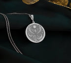 Firebird Mythical Phoenix Pendant Necklaces 925 925 Sterling Silver eagle motif pendant necklace with intricate swirling details on a round disc.