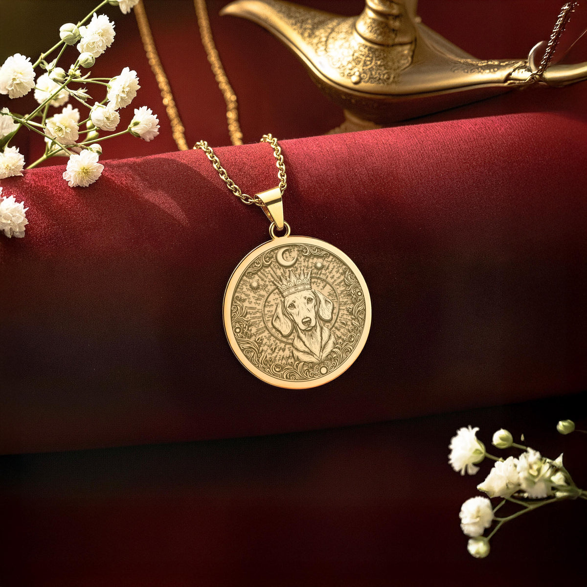 An heirloom-quality 14K solid gold Dachshund King medallion. The art shows the crowned dog, symbolizing his royal status, a precious gift for a Doxie mom.