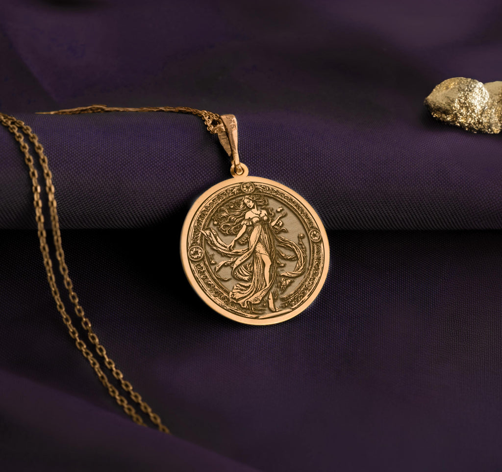 Persephone Pendant Necklace medallion, goddess-inspired amulet, and underworld queen talisman. This handcrafted piece celebrates Persephone’s duality as goddess of spring and ruler of the underworld, featuring a symbolic pomegranate charm. A must-have for Greek mythology fans, celestial jewelry collectors, and lovers of divine feminine energy.