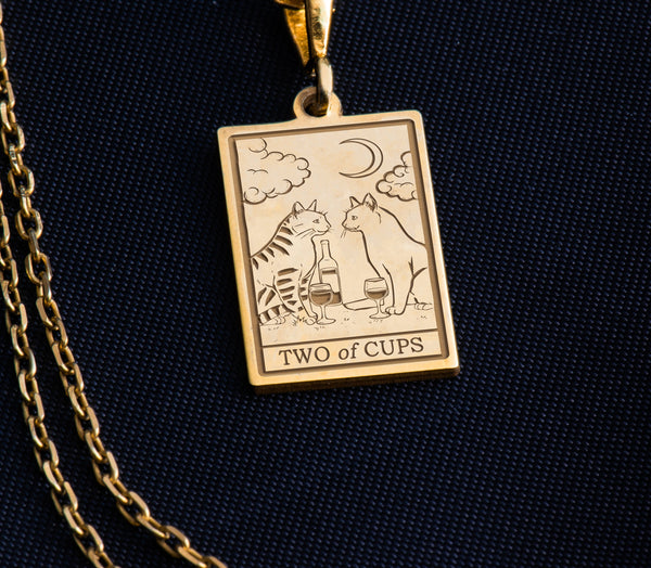 14 K Solid Gold Two of Cups Tarot Card Necklace, Two of Cups Silver Charm Pendant, Tarot Gift For Couple, Gifts for her on Valentine's