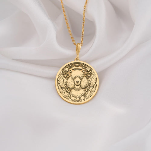 14K Solid Gold Poodle Angel Dog Medallion featuring beloved curly-coated breed with heavenly wings and halo. Detailed memorial talisman with distinctive poodle cut, celestial stars and peaceful expression. Luxury Poodle memorial jewelry gift