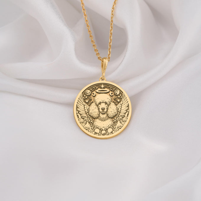14K Solid Gold Poodle Angel Dog Medallion featuring beloved curly-coated breed with heavenly wings and halo. Detailed memorial talisman with distinctive poodle cut, celestial stars and peaceful expression. Luxury Poodle memorial jewelry gift