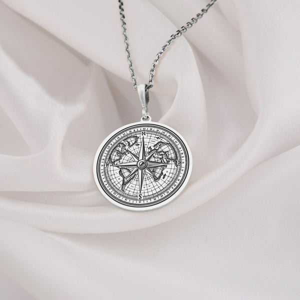 World Compass coin silver pendant necklace, Globe traveler charm, Travel-inspired jewelry, Explorer compass necklace