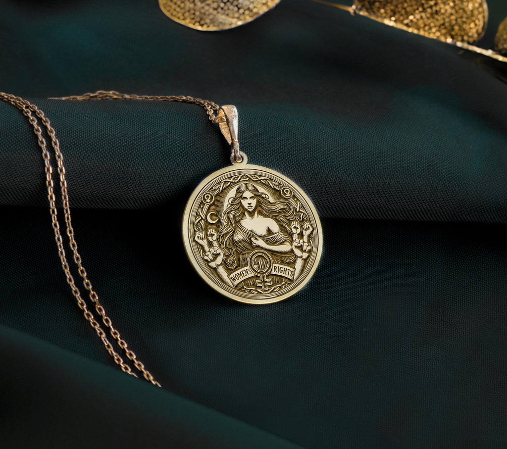 14K Gold Plated feminist pendant, engraved with a strong female figure and the women's rights emblem. A meaningful gold-plated empowerment necklace, symbolizing resilience and strength for feminists and activists.