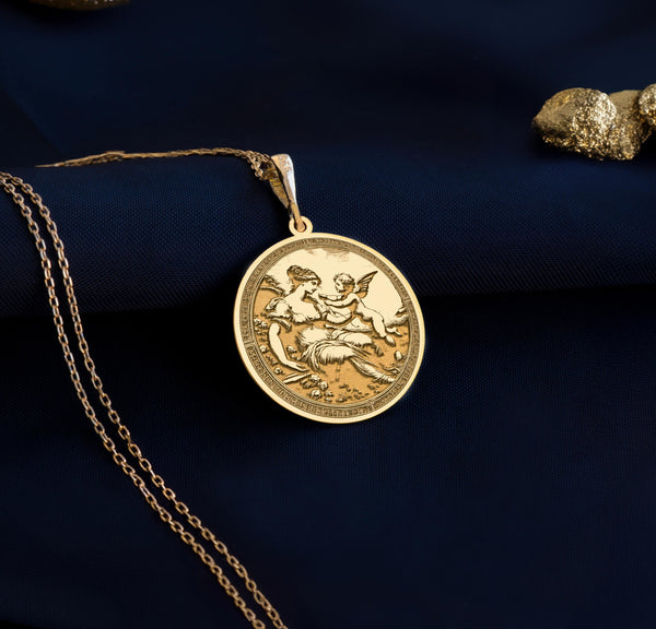 Venus and Cupid gold pendantGold Venus and Cupid necklaceGold mythological pendantGoddess of love gold jewelryGold Cupid and Venus pendantGold mother and son necklaceEros and Aphrodite gold pendantGold love and beauty necklace