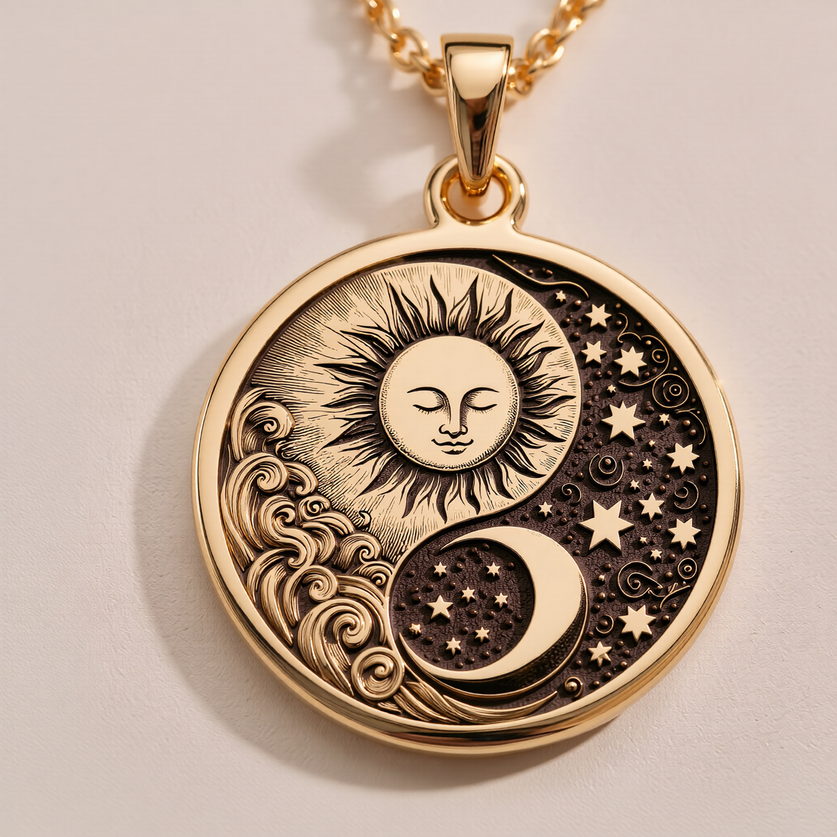 Celestial Sun Moon Yin Yang Pendant Pendants 14K 14K Gold Plated pendant necklace featuring a sun and crescent moon design with stars.