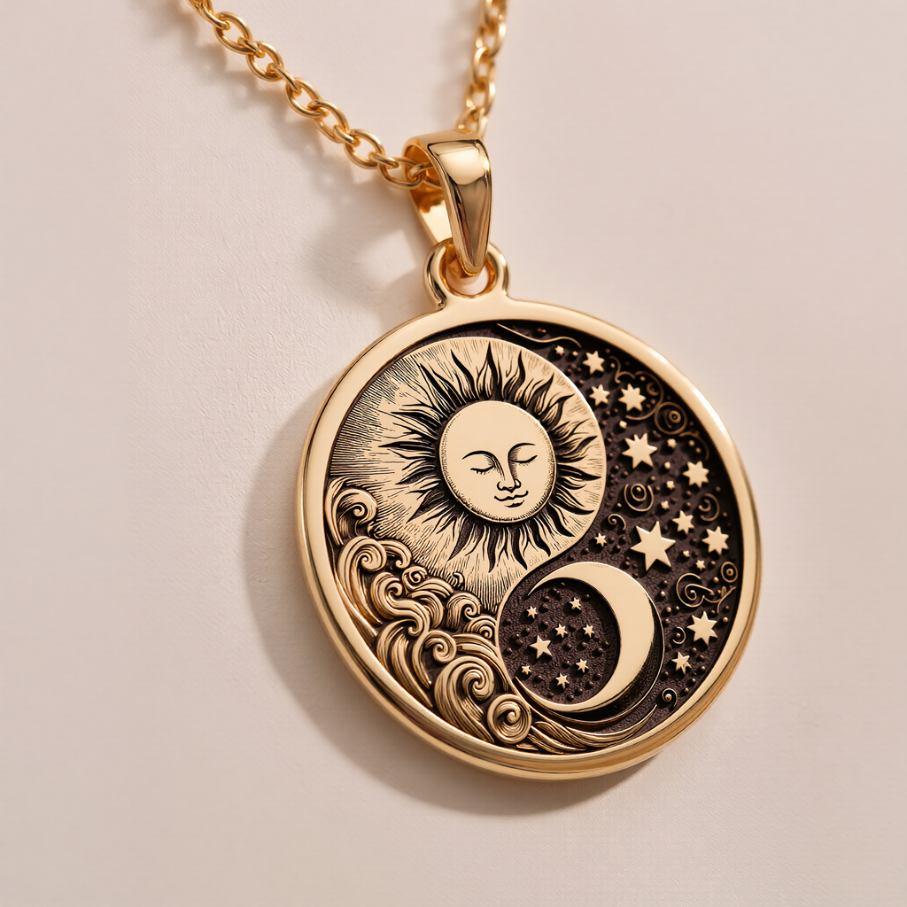 Celestial Sun Moon Yin Yang Pendant Pendants 14K 14K Gold Plated sun and crescent moon pendant with stars necklace