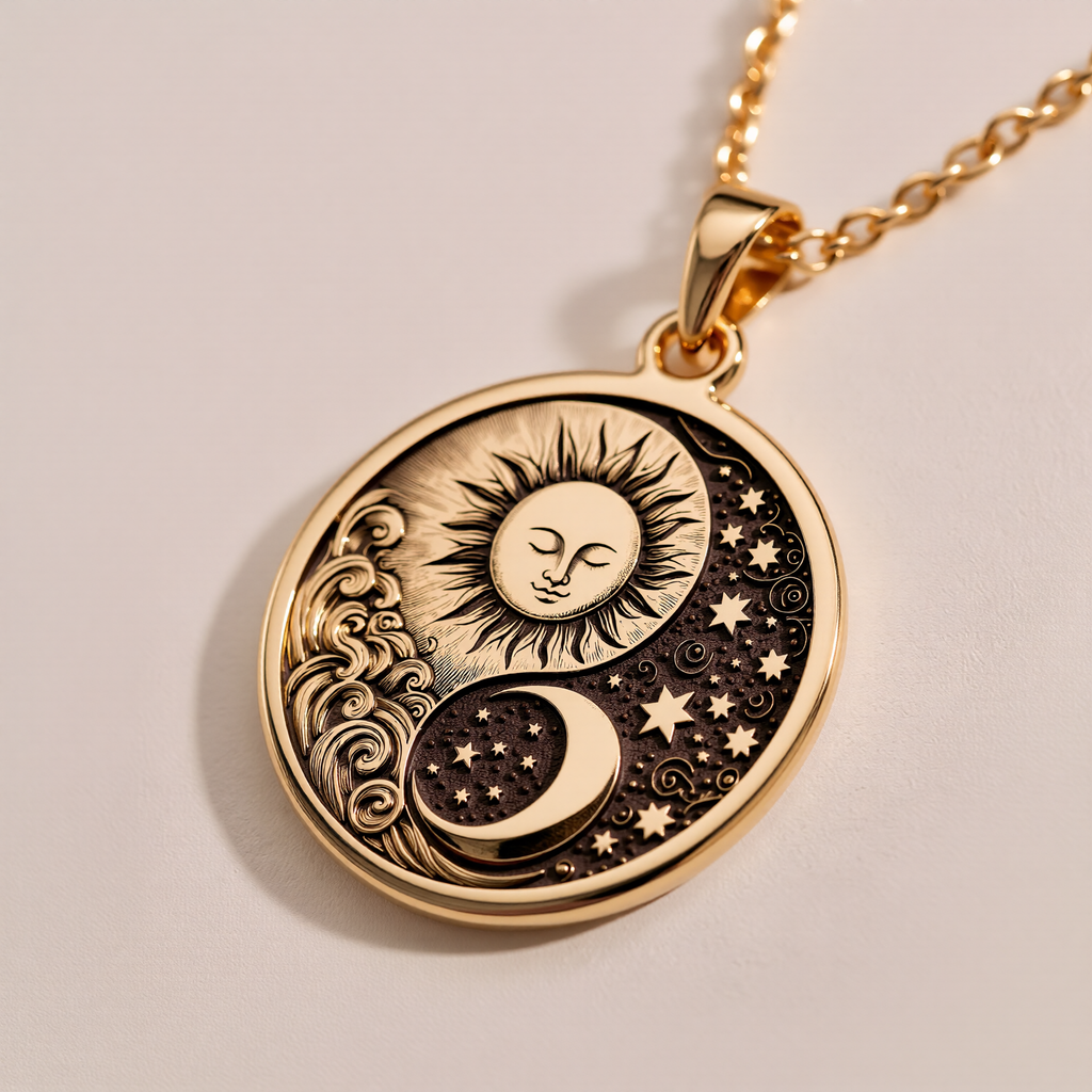 Celestial Sun Moon Yin Yang Pendant Pendants 14K 14K Gold Plated pendant necklace featuring a sun and crescent moon design with stars.