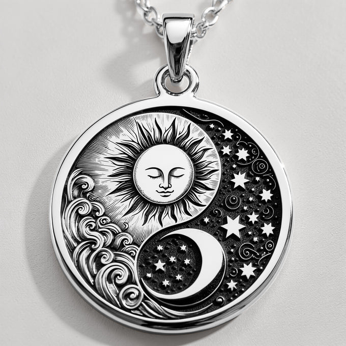 Celestial Sun Moon Yin Yang Pendant Pendants 925 925 Sterling Silver sun and crescent moon pendant with stars necklace