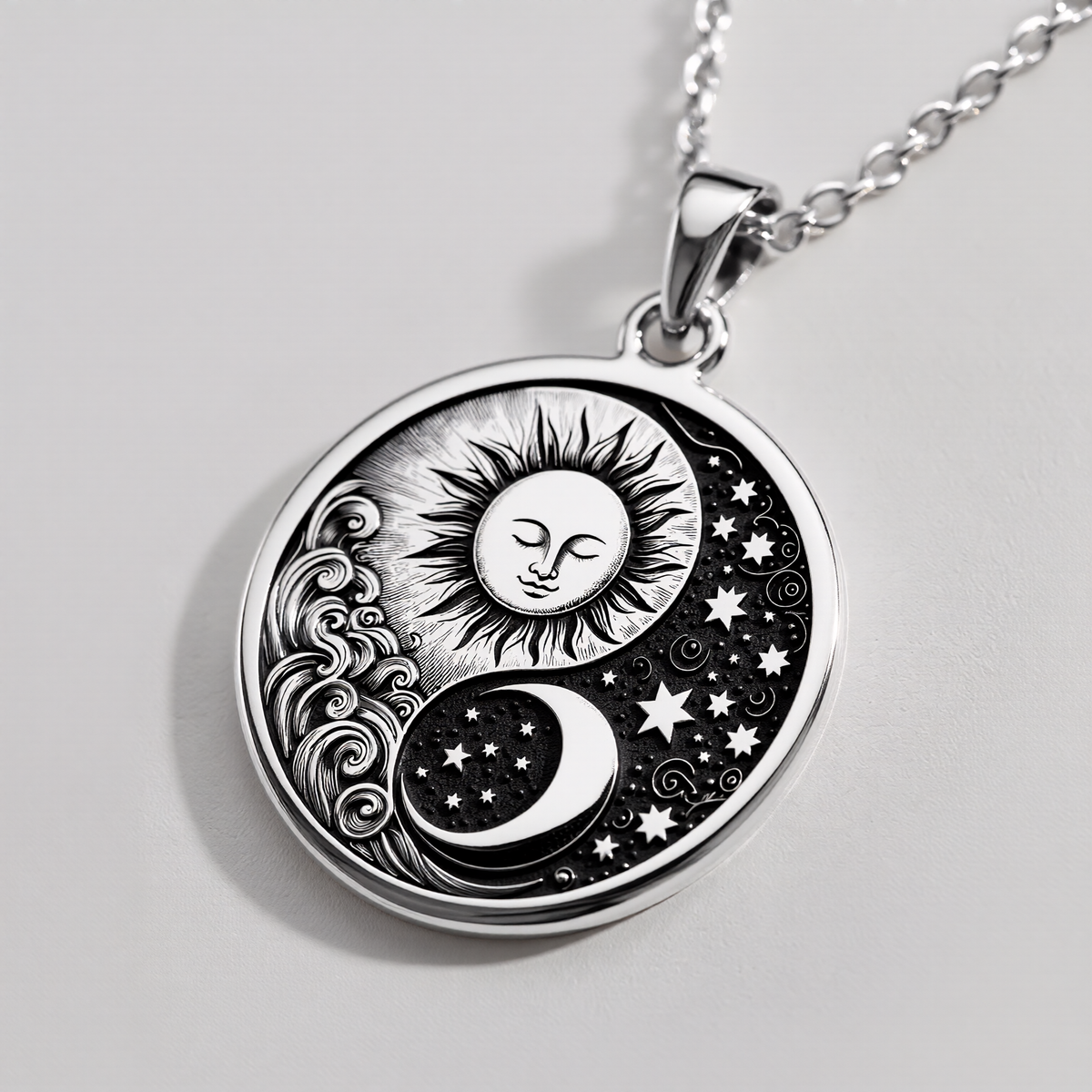 Celestial Sun Moon Yin Yang Pendant Pendants 925 925 Sterling Silver sun and crescent moon pendant necklace with stars