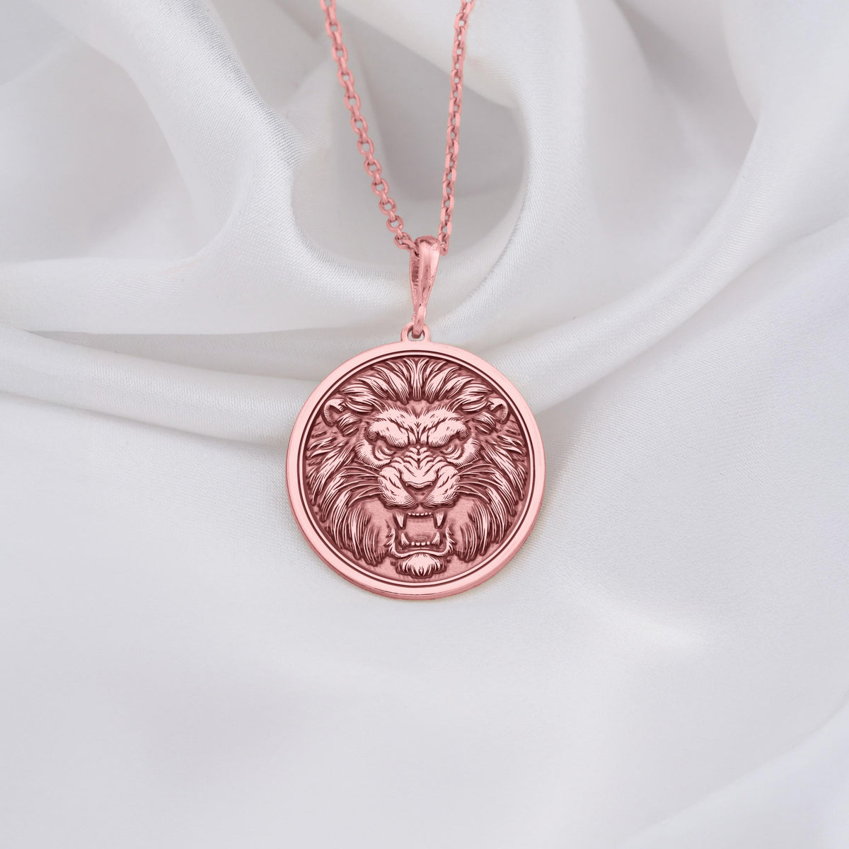 Handmade Jungle King Lion Pendant Necklaces 14K Rose 14K 14K Rose Gold Plated lion head pendant necklace with round shape and detailed engraving.
