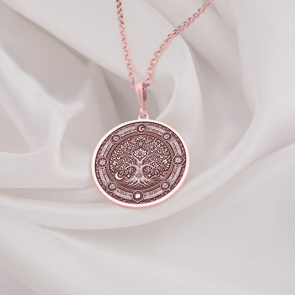 Kalpavriksha pendant in Rose Gold Plated finish, inspired by the Hindu wish fulfilling tree. A meaningful spiritual necklace symbolizing abundance and wisdom, featuring intricate craftsmanship, perfect for special occasions or everyday wear.