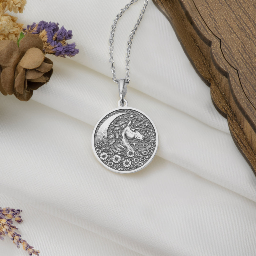"Unicorn Silver Necklace, crafted with intricate detail, symbolizes magic and wonder. This beautiful silver pendant or medallion is perfect for those who love fantasy jewelry. Custom-made to order, it makes a unique and thoughtful gift."