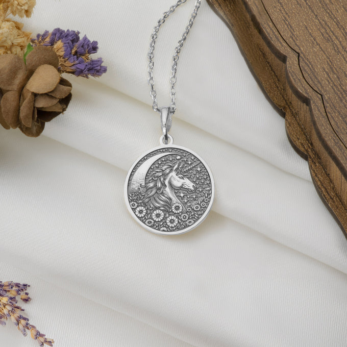 "Unicorn Silver Necklace, crafted with intricate detail, symbolizes magic and wonder. This beautiful silver pendant or medallion is perfect for those who love fantasy jewelry. Custom-made to order, it makes a unique and thoughtful gift."