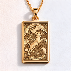 A polished 14K solid gold Abyssinian Cat medallion. This fine pet jewelry represents the breed's wild spirit, a perfect cat mom gift.