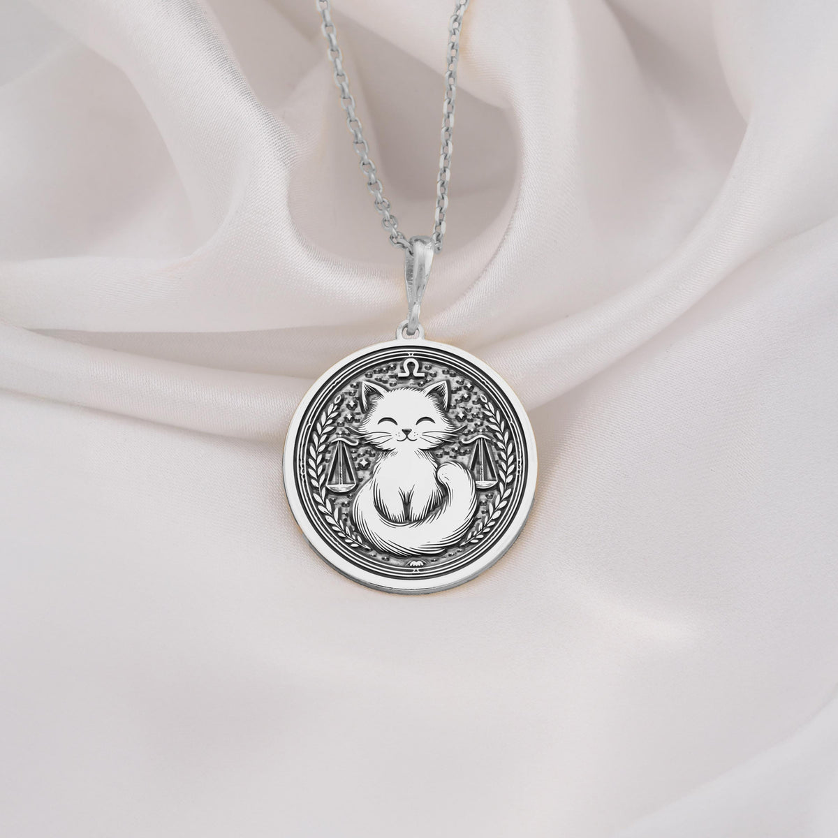 Sterling silver Libra zodiac necklace with a charming cat design. A dainty astrology-inspired piece for women, perfect as a birthday gift or everyday wear.