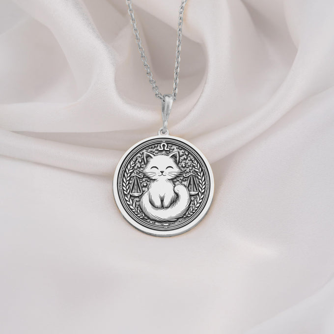 Sterling silver Libra zodiac necklace with a charming cat design. A dainty astrology-inspired piece for women, perfect as a birthday gift or everyday wear.