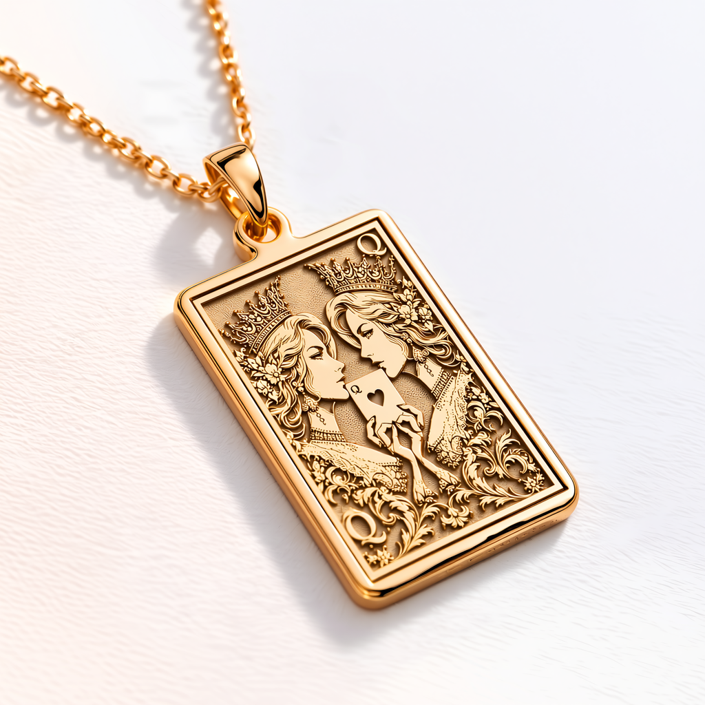 Ace of Queens Major Arcana Pendant - 14K Solid Gold, Left Angle View