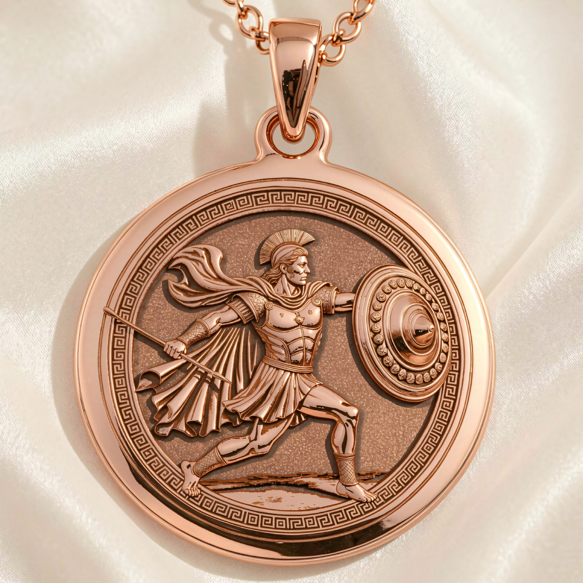 Achilles Greek Hero Coin Pendant | Silver & Plated Options - Ancient Mythology Protection Talisman - 14K Rose Gold Plated Front View