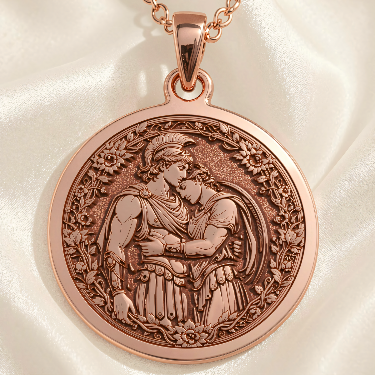 Achilles & Patroclus Greek Mythology Pendant | Silver & Plated Options - Ancient Mythology History Buff Gift - 14K Rose Gold Plated Front View