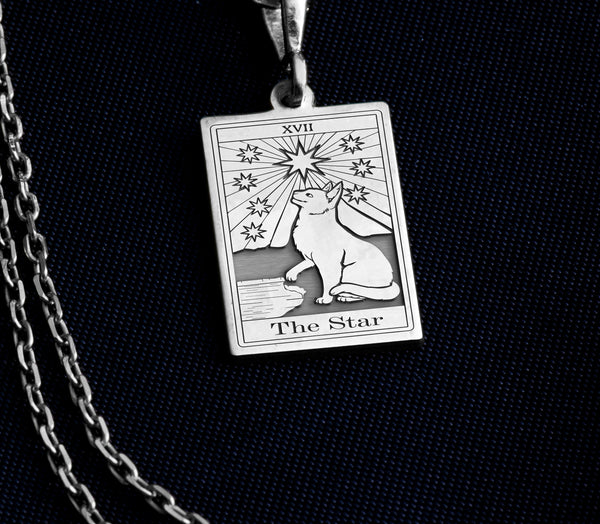 The Star Cat Tarot Card silver charm pendant, silver tarot cat charm for women, The Star Cat pendant in sterling silver, silver tarot card necklace for cat lovers, silver Star Cat tarot charm for girls