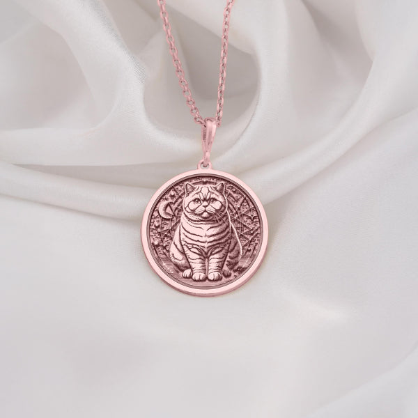 Rose Gold Plated British Shorthair Cat Medallion featuring plush feline with characteristic chubby cheeks. Elegant pet portrait jewelry with detailed round face and sweet expression. Warm-toned cozy cat talisman, perfect for cat parents.