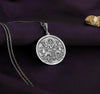silver Surya necklace featuring a detailed pendant of the Hindu sun god, Surya, with intricate solar rays design. Crafted in sterling silver, this mythological-inspired jewelry piece symbolizes light, energy, and divine protection. Perfect for those seeking Hindu cultural jewelry or a unique sun-themed accessory. The pendant showcases Surya riding his chariot, pulled by seven horses, with lotus flowers in hand, embodying warmth and enlightenment.