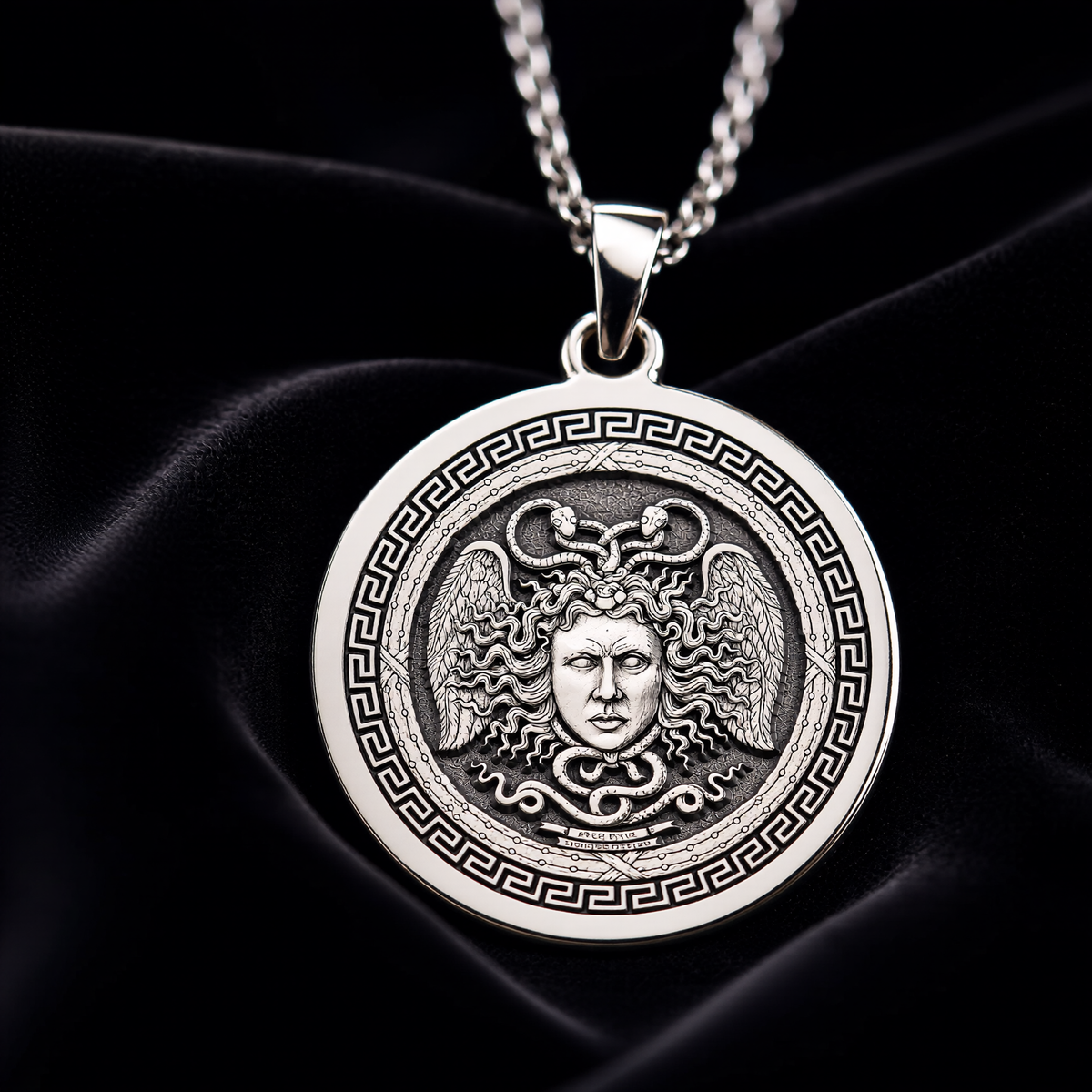 Aegis Gorgon Head Pendant Pendants 925 925 Sterling Silver winged face pendant with Greek key frame necklace - View 4