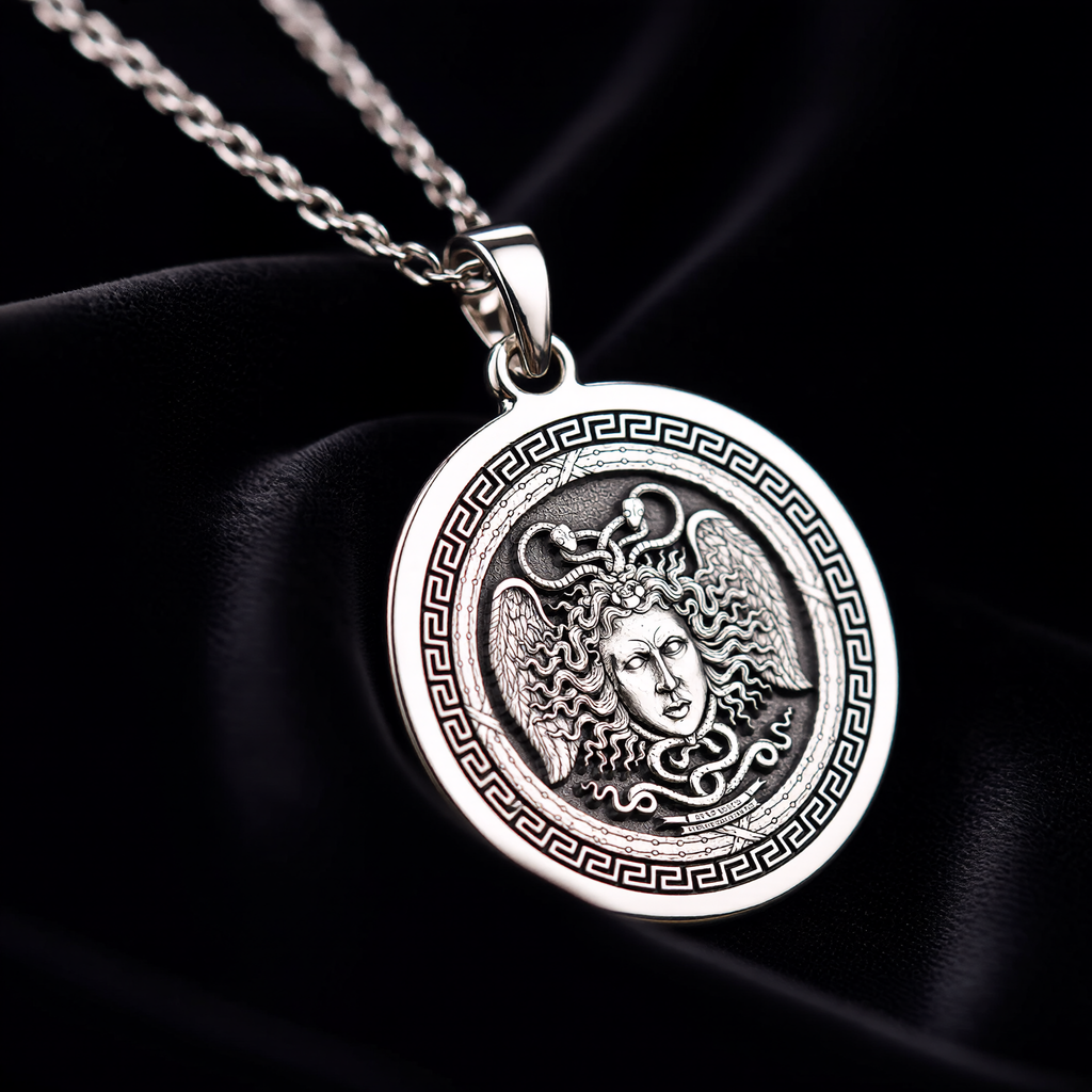 Aegis Gorgon Head Pendant Pendants 925 925 Sterling Silver winged face pendant with Greek key frame necklace - View 5