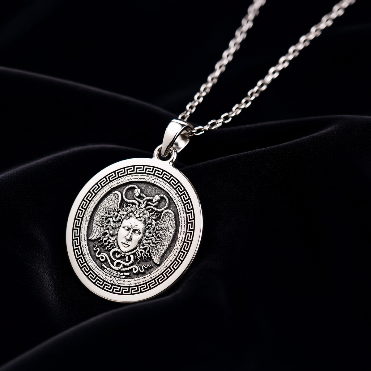 Aegis Gorgon Head Pendant Pendants 925 925 Sterling Silver winged face pendant with Greek key frame necklace - View 6