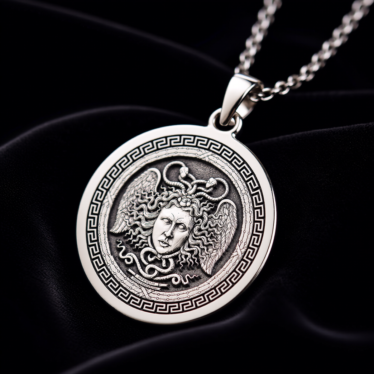 Aegis Gorgon Head Pendant Pendants 925 925 Sterling Silver winged face pendant with Greek key frame necklace - View 3