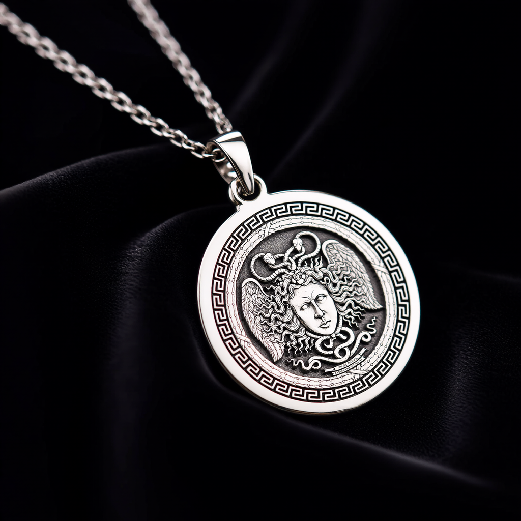 Aegis Gorgon Head Pendant Pendants 925 925 Sterling Silver winged face pendant with Greek key frame necklace - View 7