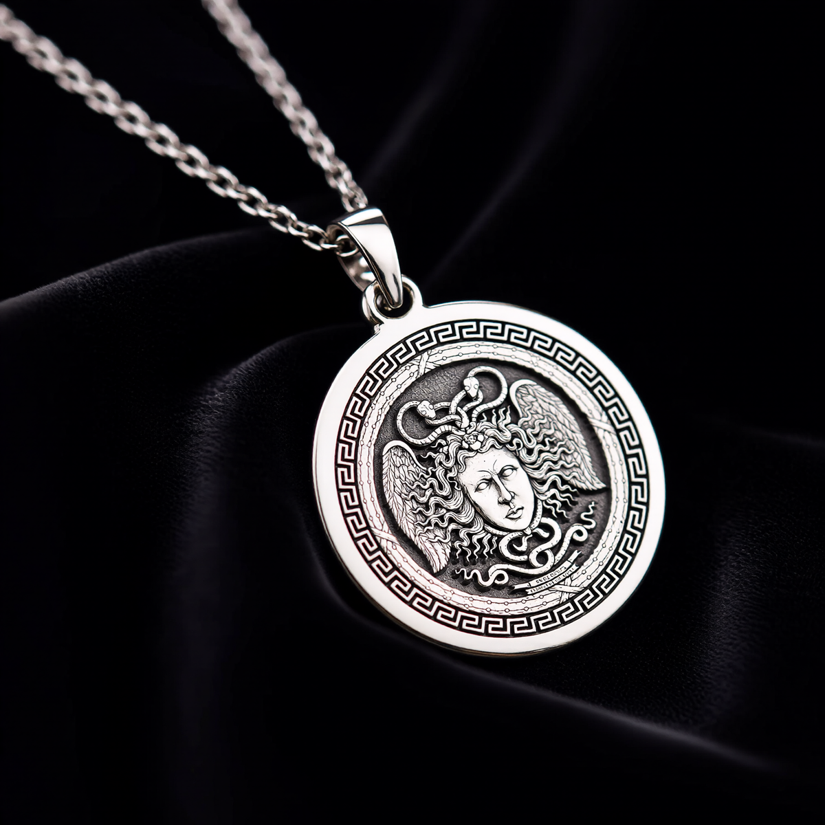 Aegis Gorgon Head Pendant Pendants 925 925 Sterling Silver winged face pendant with Greek key frame necklace - View 7