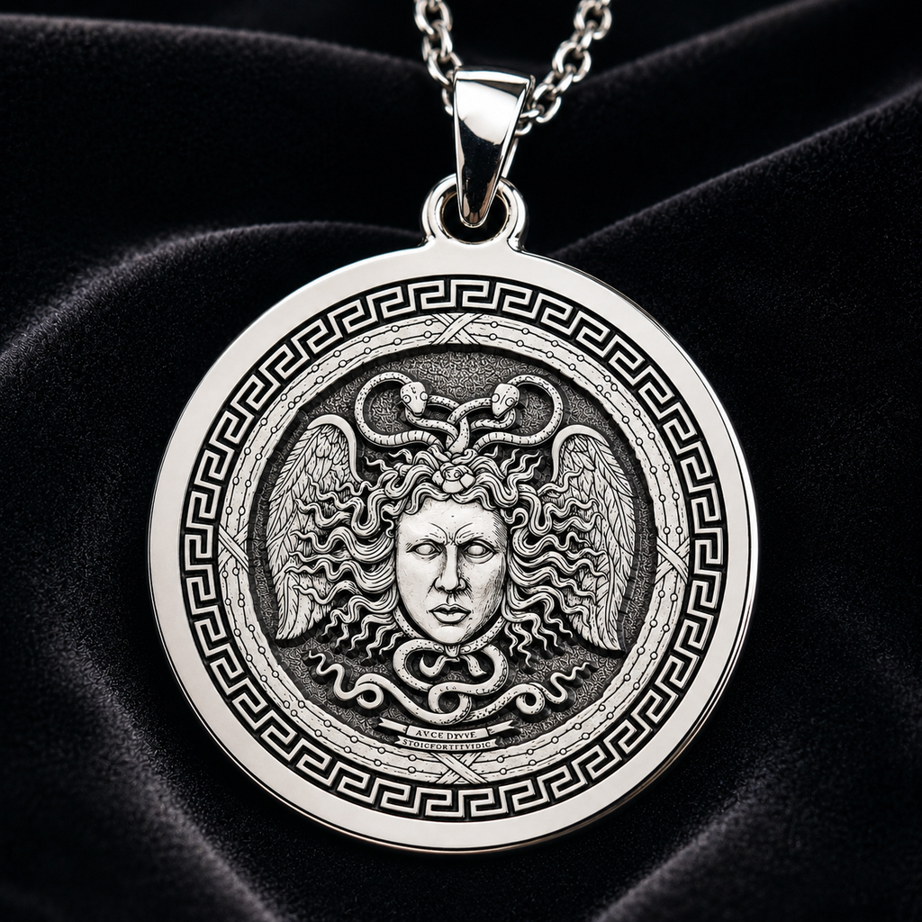 Aegis Gorgon Head Pendant Pendants 925 925 Sterling Silver winged face pendant with Greek key frame necklace - View 1