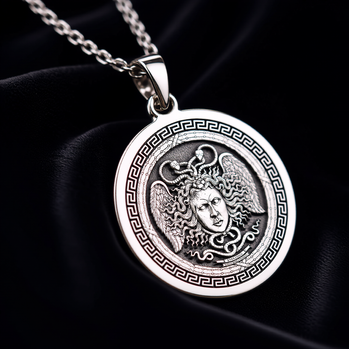Aegis Gorgon Head Pendant Pendants 925 925 Sterling Silver winged face pendant with Greek key frame necklace - View 2