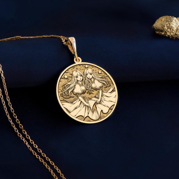 Gemini zodiac gold necklace, astrology-inspired jewelry, Gemini star sign pendant, celestial Gemini necklace, personalized Gemini gift, 14k gold Gemini zodiac necklace, horoscope jewelry for Gemini.&quot;