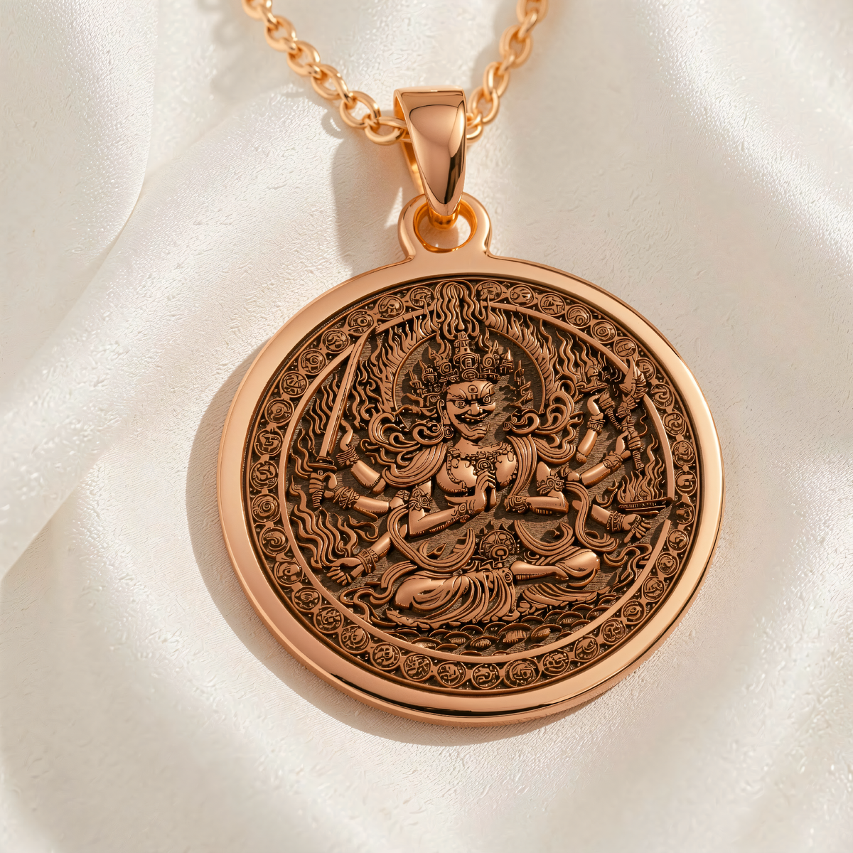Aizen Myo-o Talisman Necklace | Silver & Plated Options - Ancient Mythology Protection Amulet - 14K Rose Gold Plated Front View