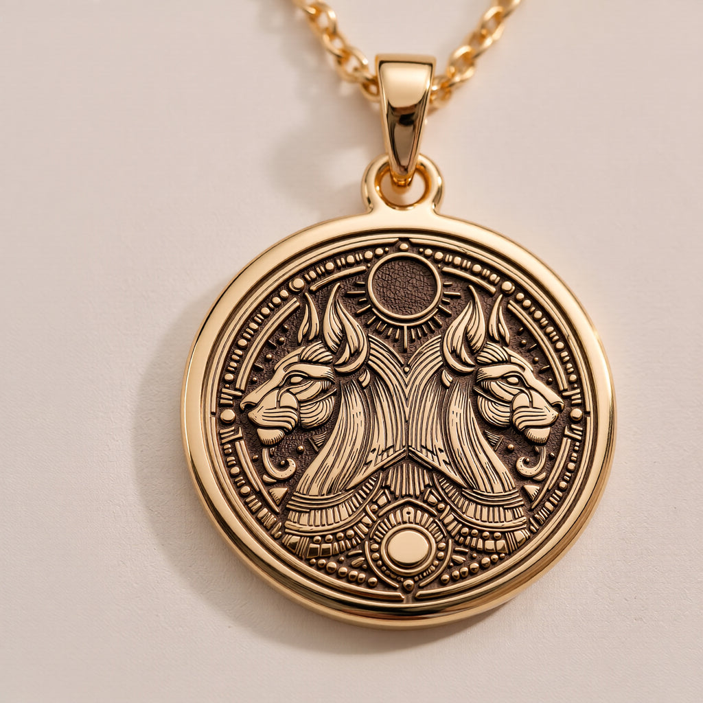 Aker Lion God Pendant in 14K gold showing front view with dual lion heads and sun detail.