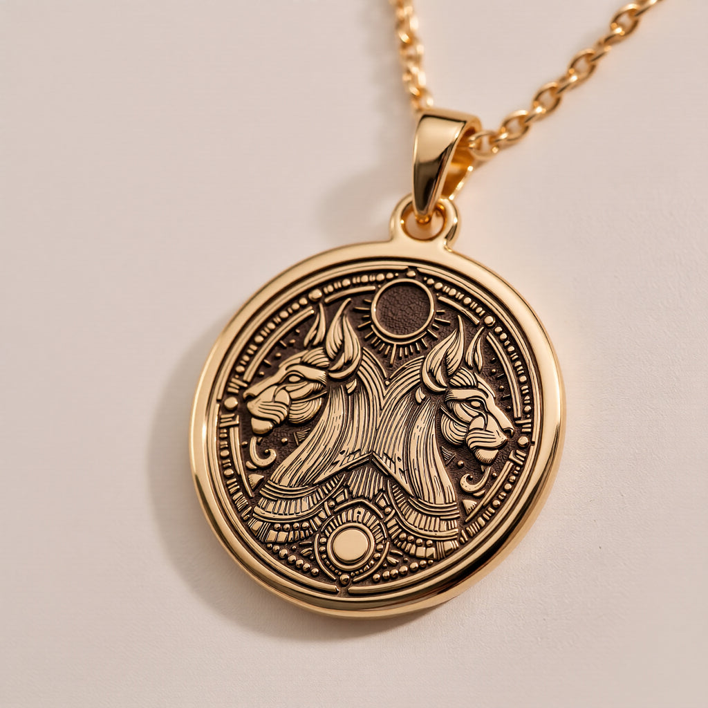 14K solid gold Egyptian Aker necklace with a double lion design, symbolizing protection and balance. Handmade unisex mythology jewelry inspired by ancient Egypt. - View 8