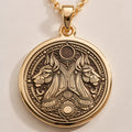 14K solid gold Egyptian Aker necklace with a double lion design, symbolizing protection and balance. Handmade unisex mythology jewelry inspired by ancient Egypt.