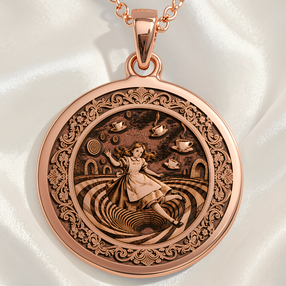 Alice in Wonderland Necklace - Rabbit Hole Pendant - 14K Rose Gold Plated Front View