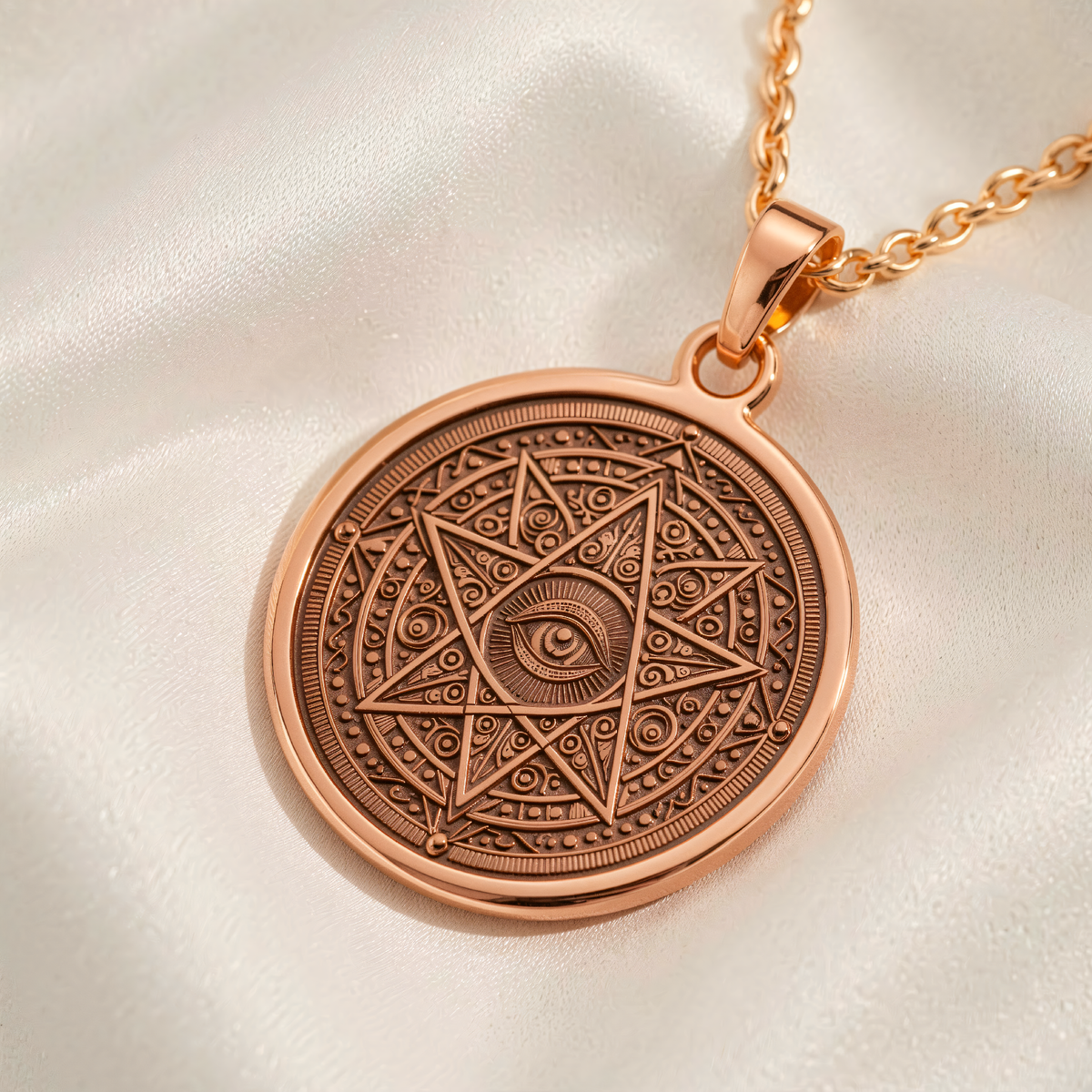 Rose gold plated All-Seeing Eye pendant front view: eye inside six-pointed star with geometric scrollwork on white fabric.