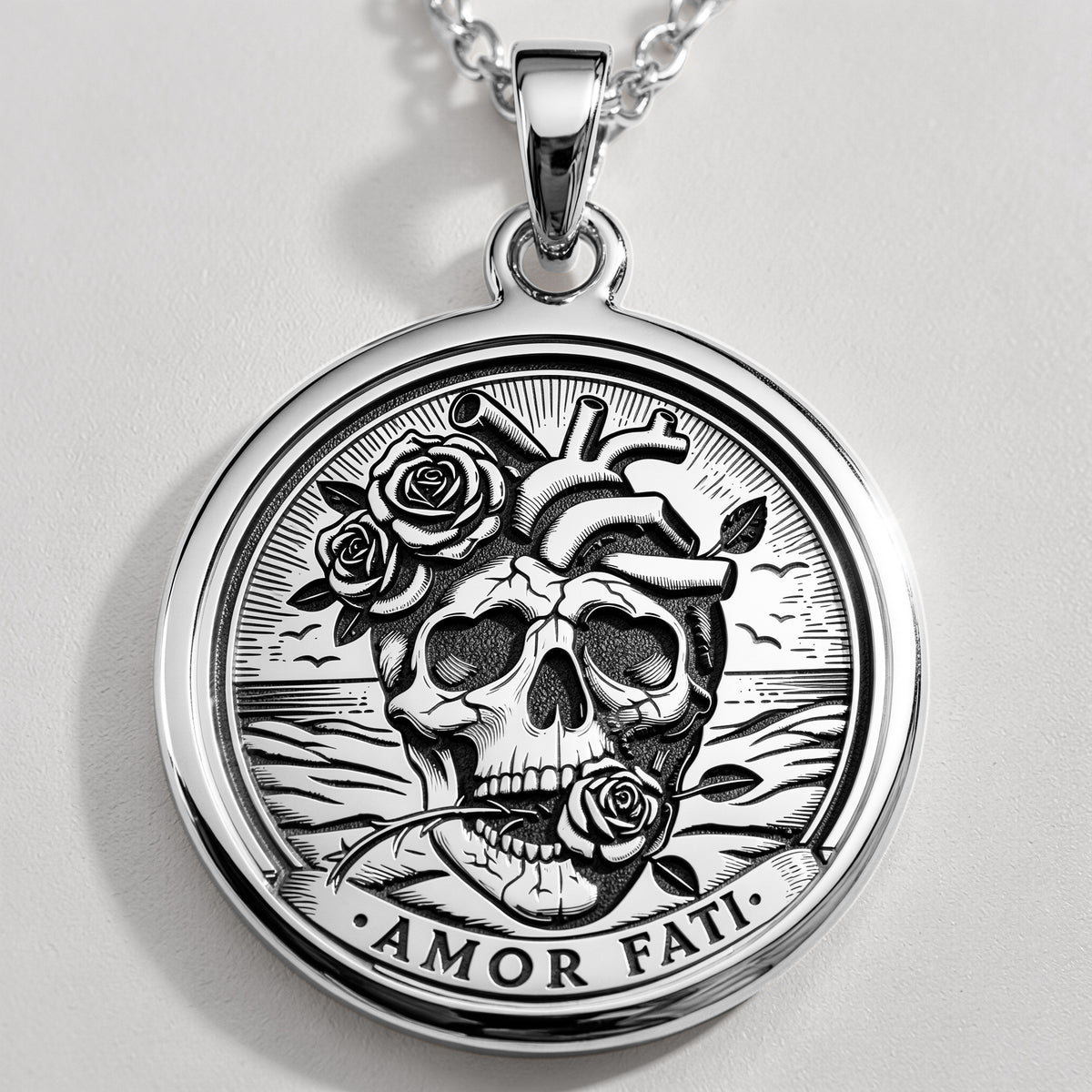 Amor Fati Latin Quote Charm Necklace Pendants 925 925 Sterling Silver skull and rose pendant necklace with AMOR FATI inscription
