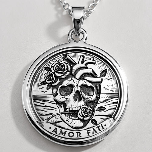Amor Fati Latin Quote Charm Necklace Pendants 925 925 Sterling Silver skull and rose pendant necklace with AMOR FATI inscription