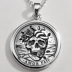Amor Fati Latin Quote Charm Necklace Pendants 925 925 Sterling Silver skull and rose pendant necklace with AMOR FATI inscription